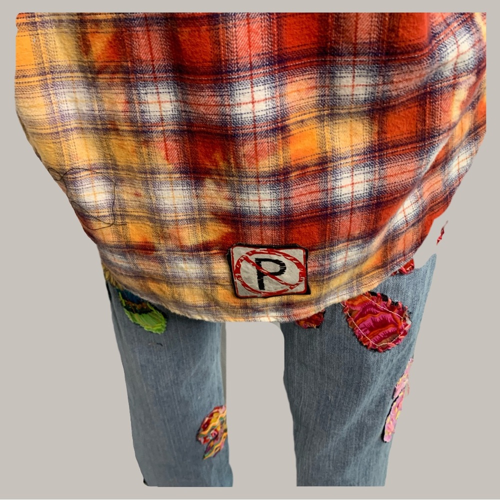 Upcycled Plaid Multicolor Boyfriend Shirt with Detachable Hip Bigfoot with Fur. - Picture 8 of 13